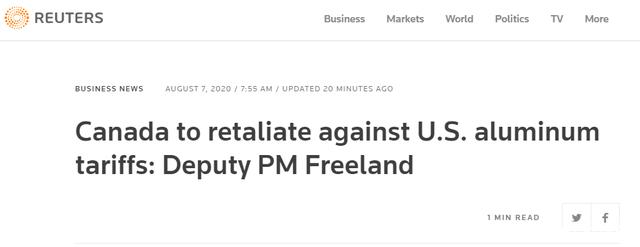 美國宣布對加拿大部分鋁產(chǎn)品恢復(fù)加征10%關(guān)稅，加方：將對等反制(圖1)